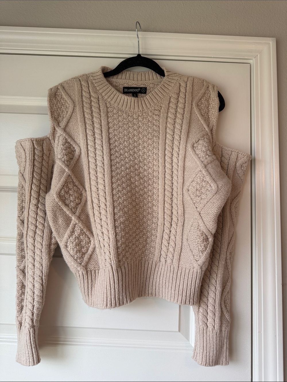 Blank NYC Beige Cable & Diamond Knit Crewneck Sweater